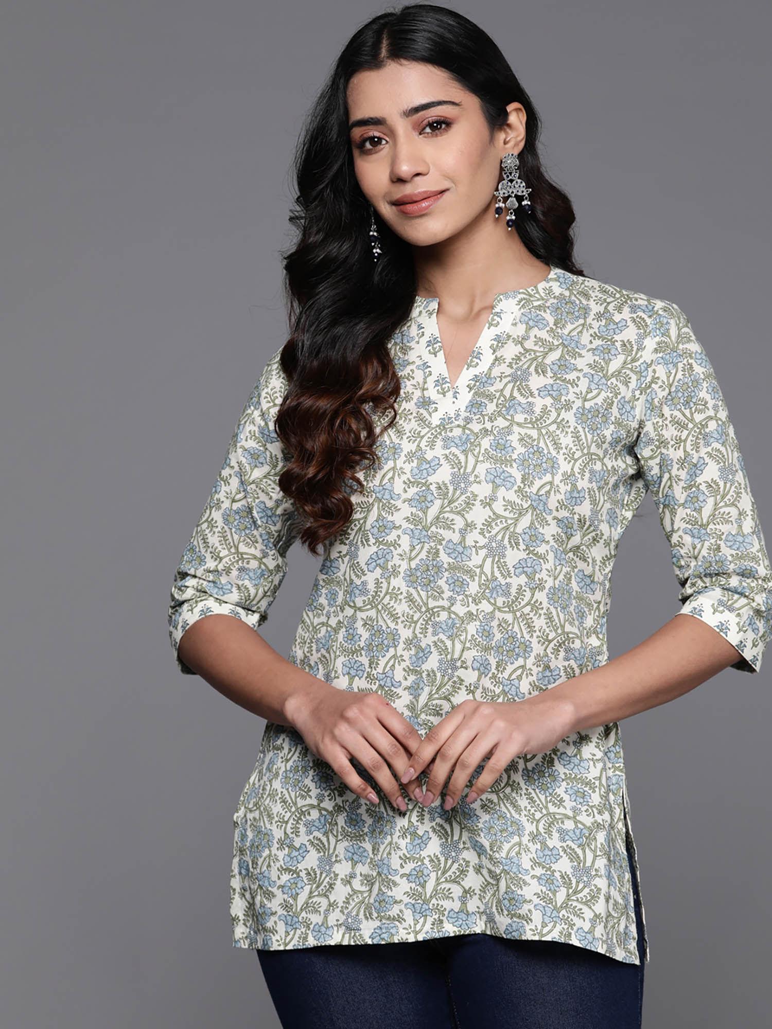 women floral printed off white kurti with a mandarina collar