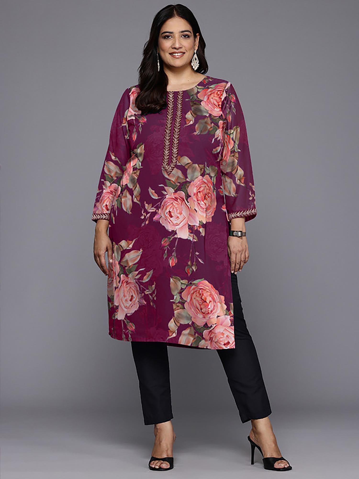 women floral printed round neck plus size straight kurta