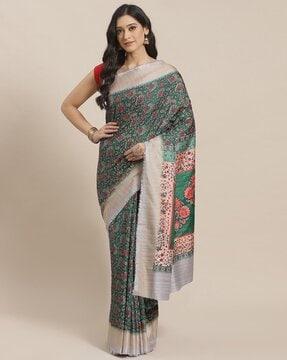 women floral printed saree with contrast border
