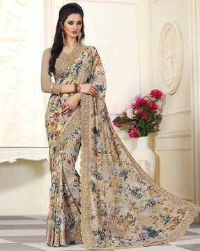 women floral printed saree with lace border & blouse piece