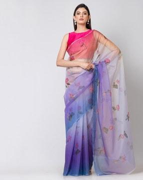 women floral printed saree with unstitched blouse piece