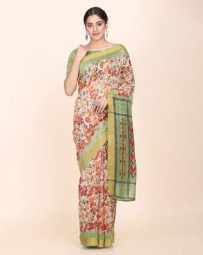 women floral printed saree with unstitched blouse piece