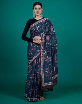 women floral printed saree with unstitched blouse piece