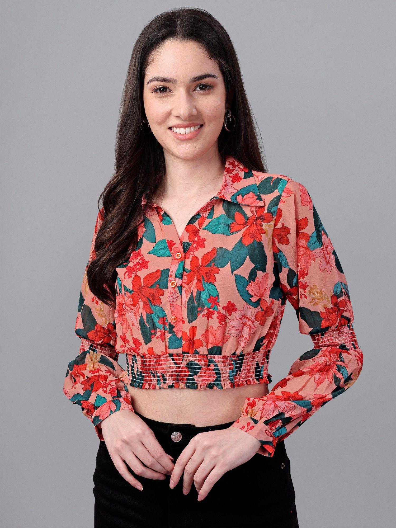 women floral printed shirt style crop top