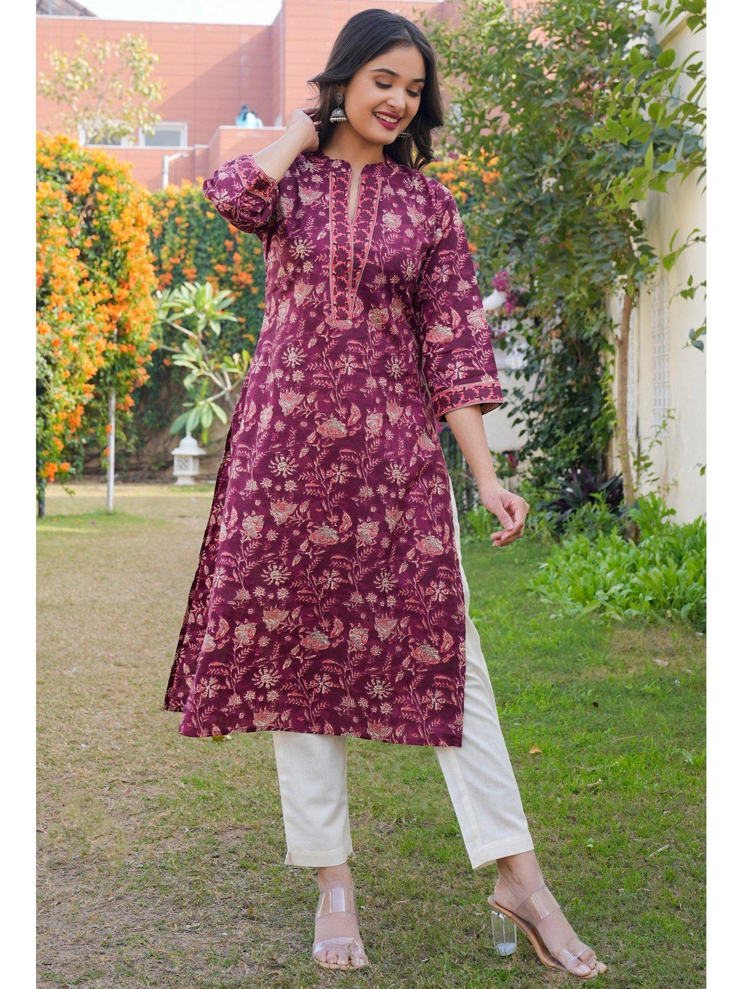 women floral printed straight cotton purple kurta