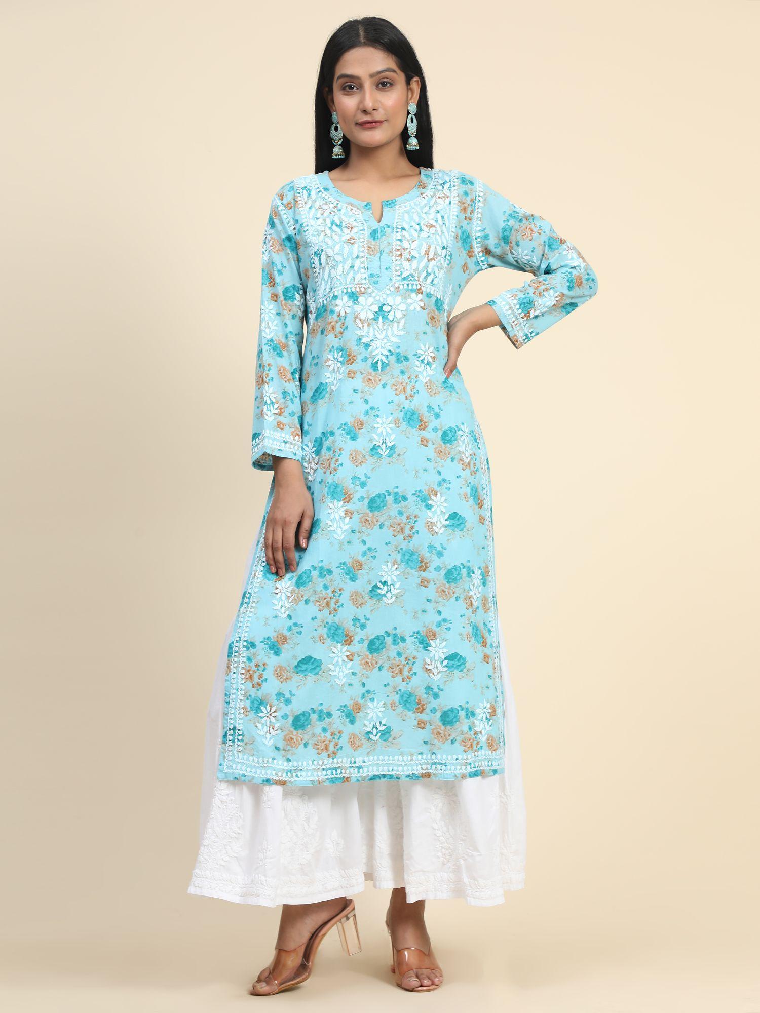 women floral printed thread work cotton kurta