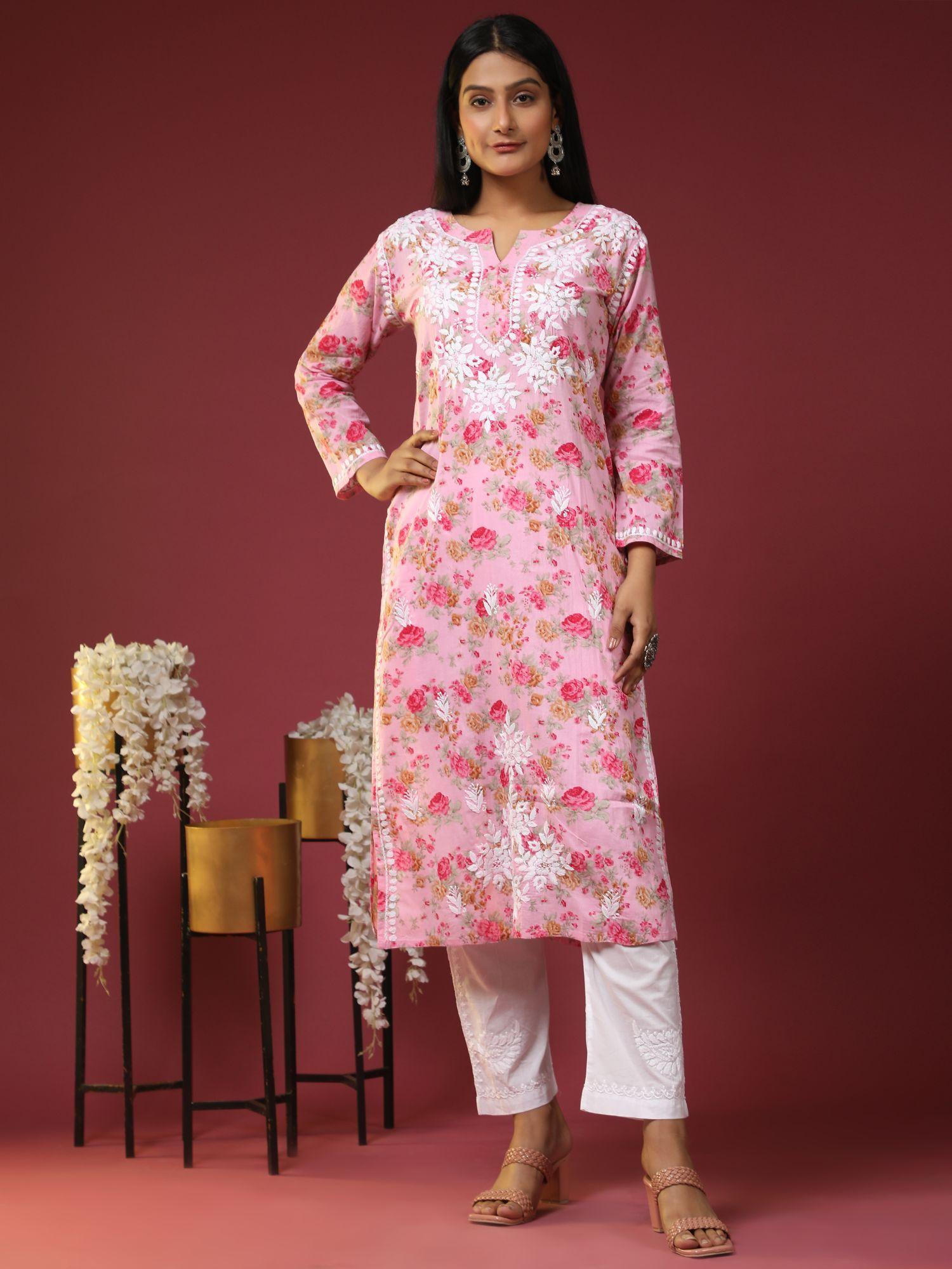 women floral printed thread work cotton kurta