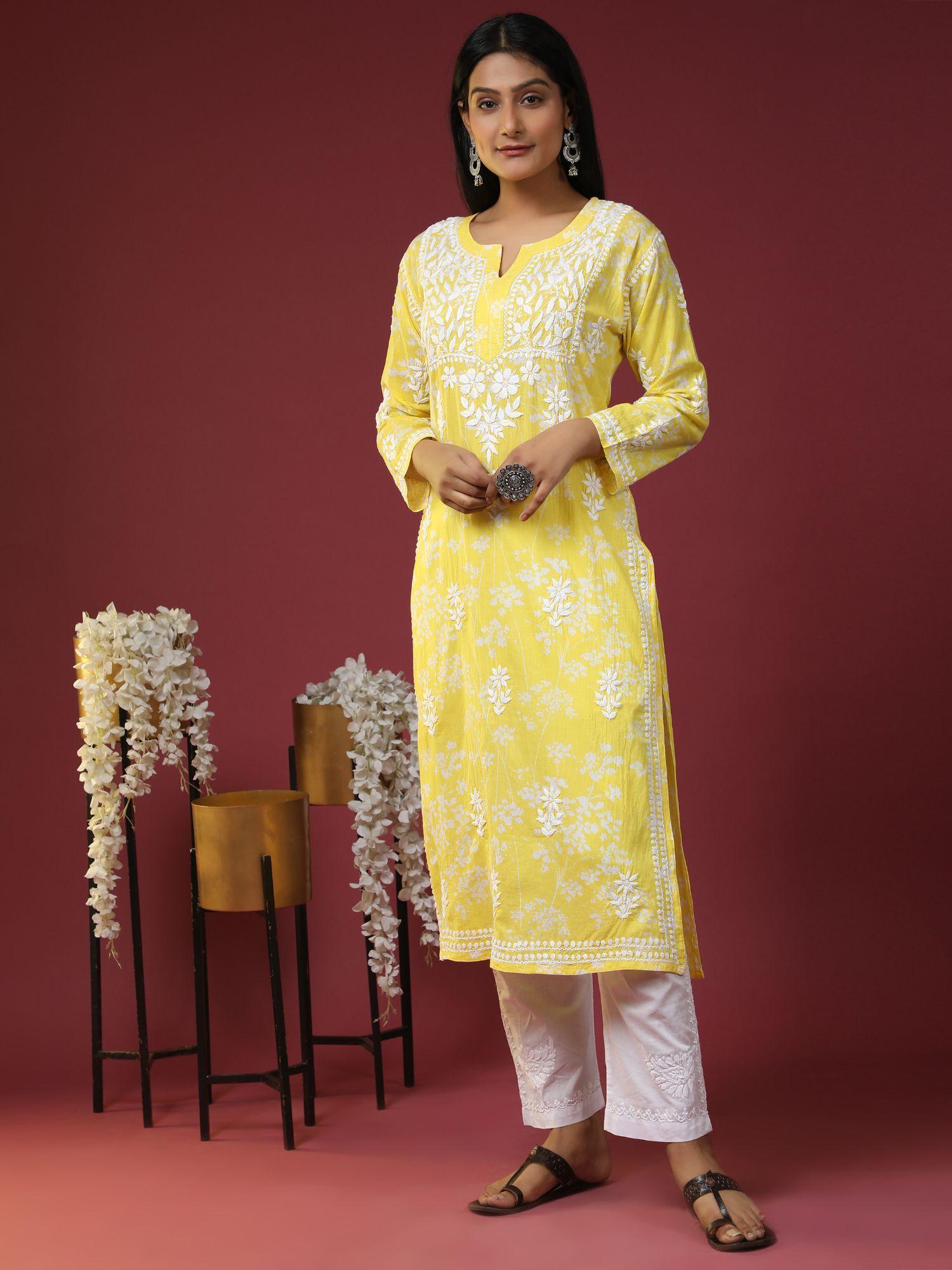 women floral printed thread work cotton kurta