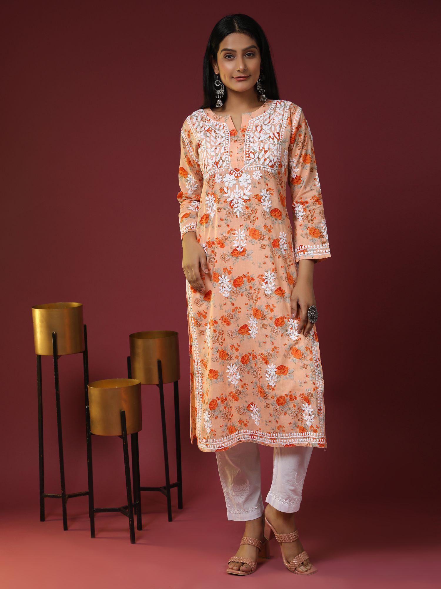 women floral printed thread work cotton kurta