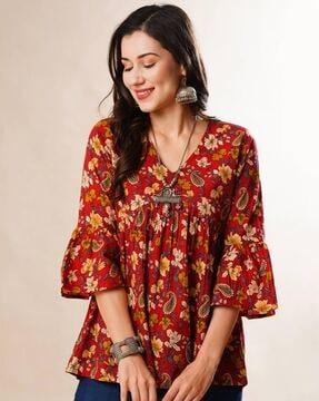 women floral printed v-neck bell sleeves gathered a-line alia cut workwear tunic