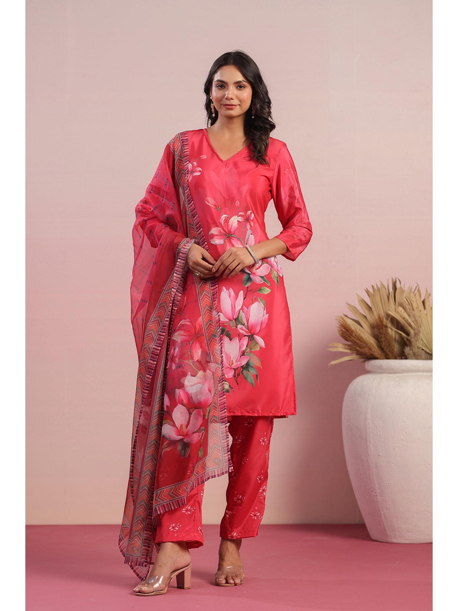 women floral printed v-neck kurta with trouser and dupatta (set of 3)