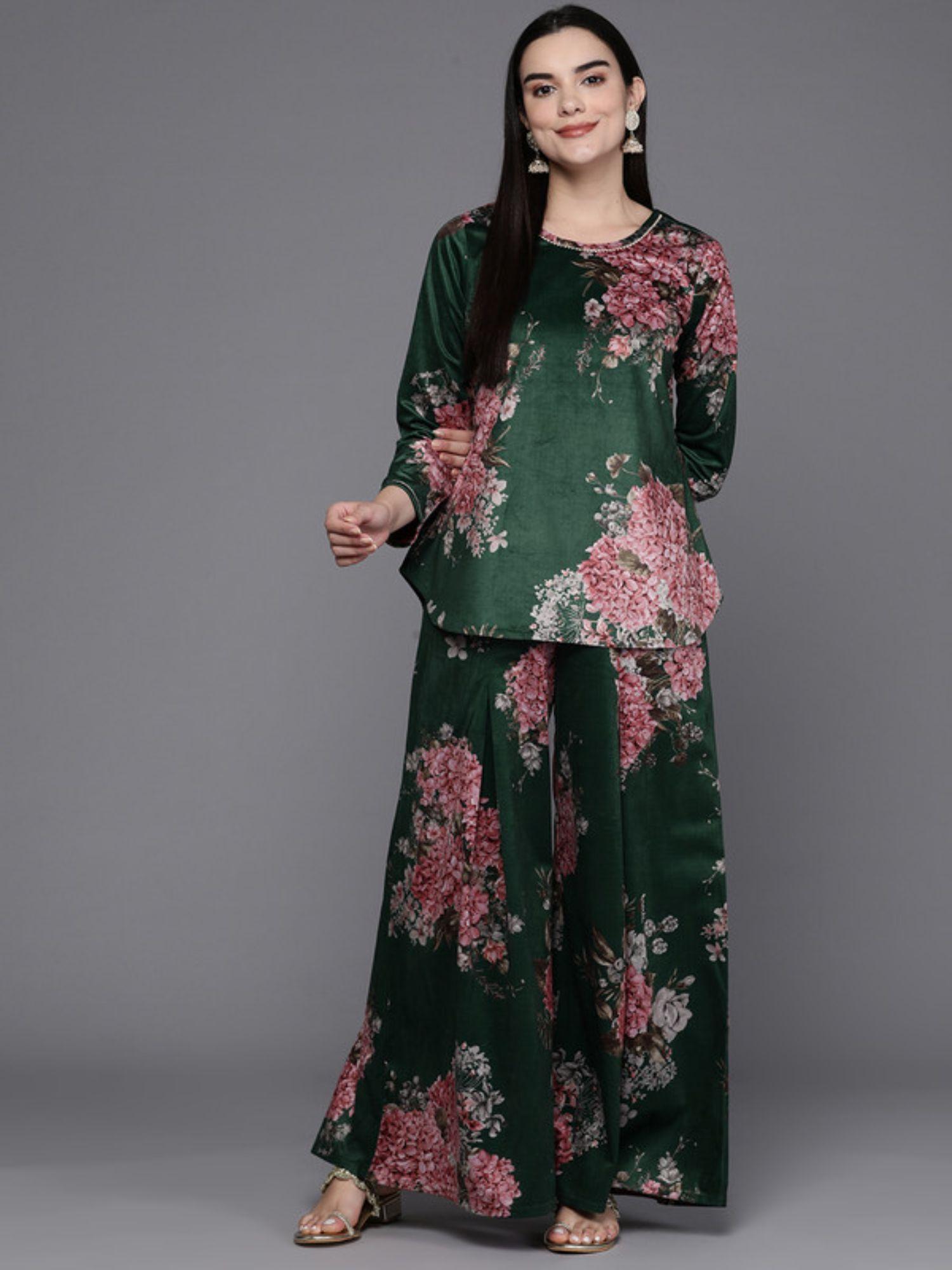 women floral printed velvet tunic with palazzo (set of 2)