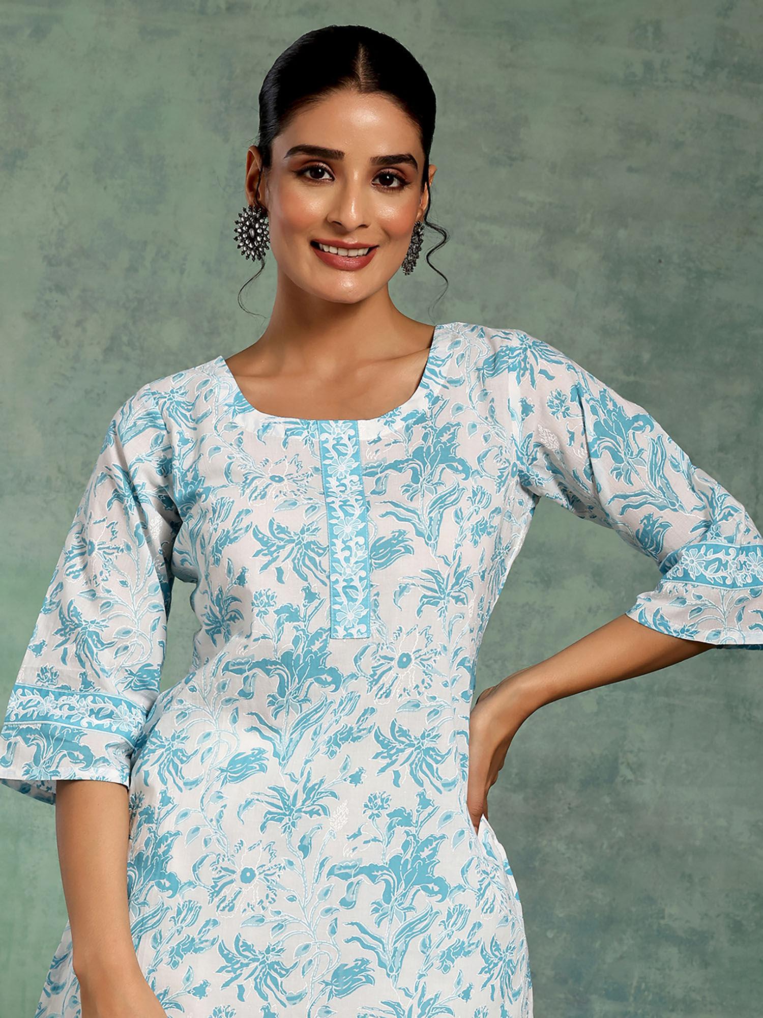 women floral printed white kurti with a flared sleeves