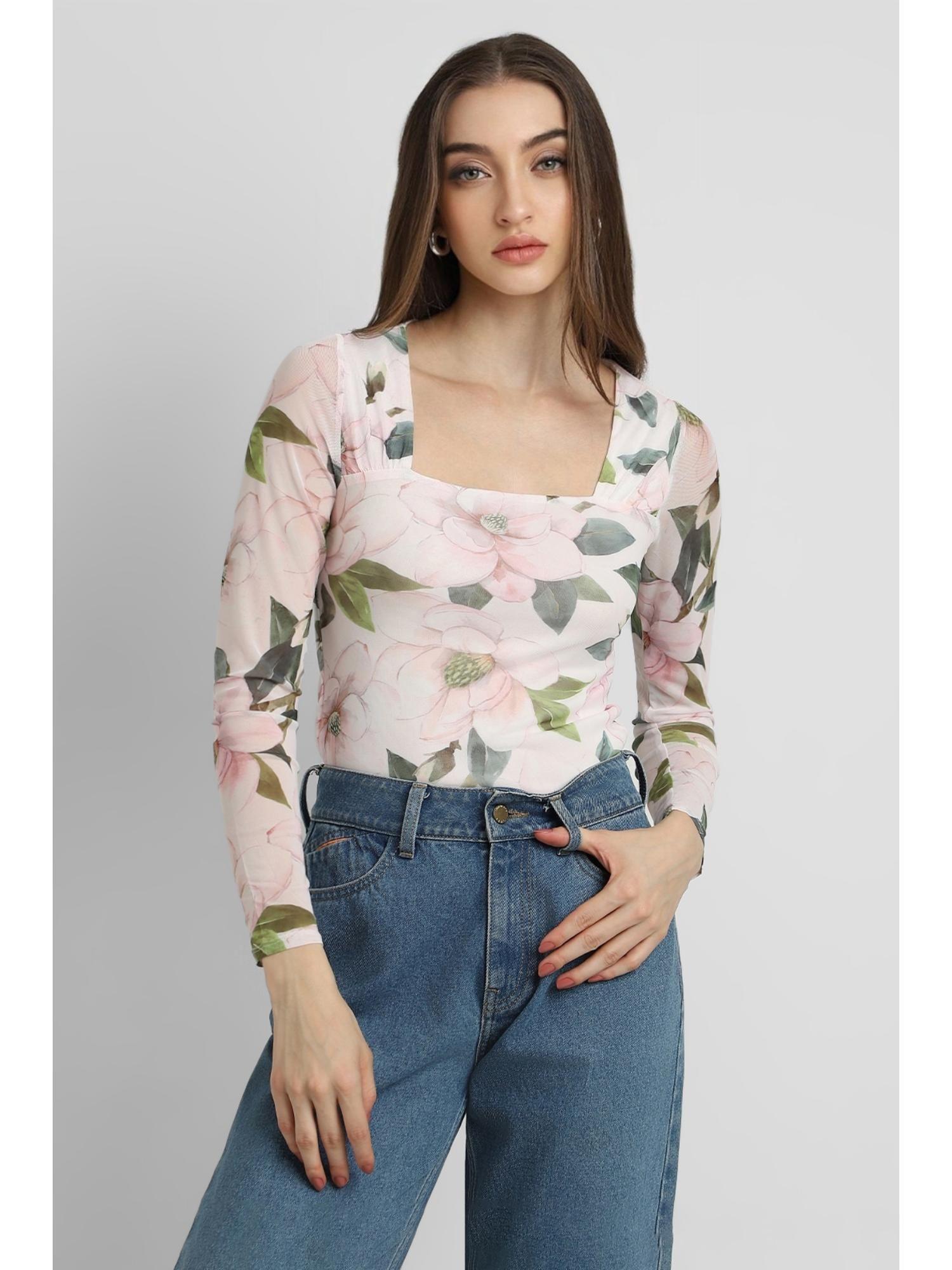 women floral printed white square neck top