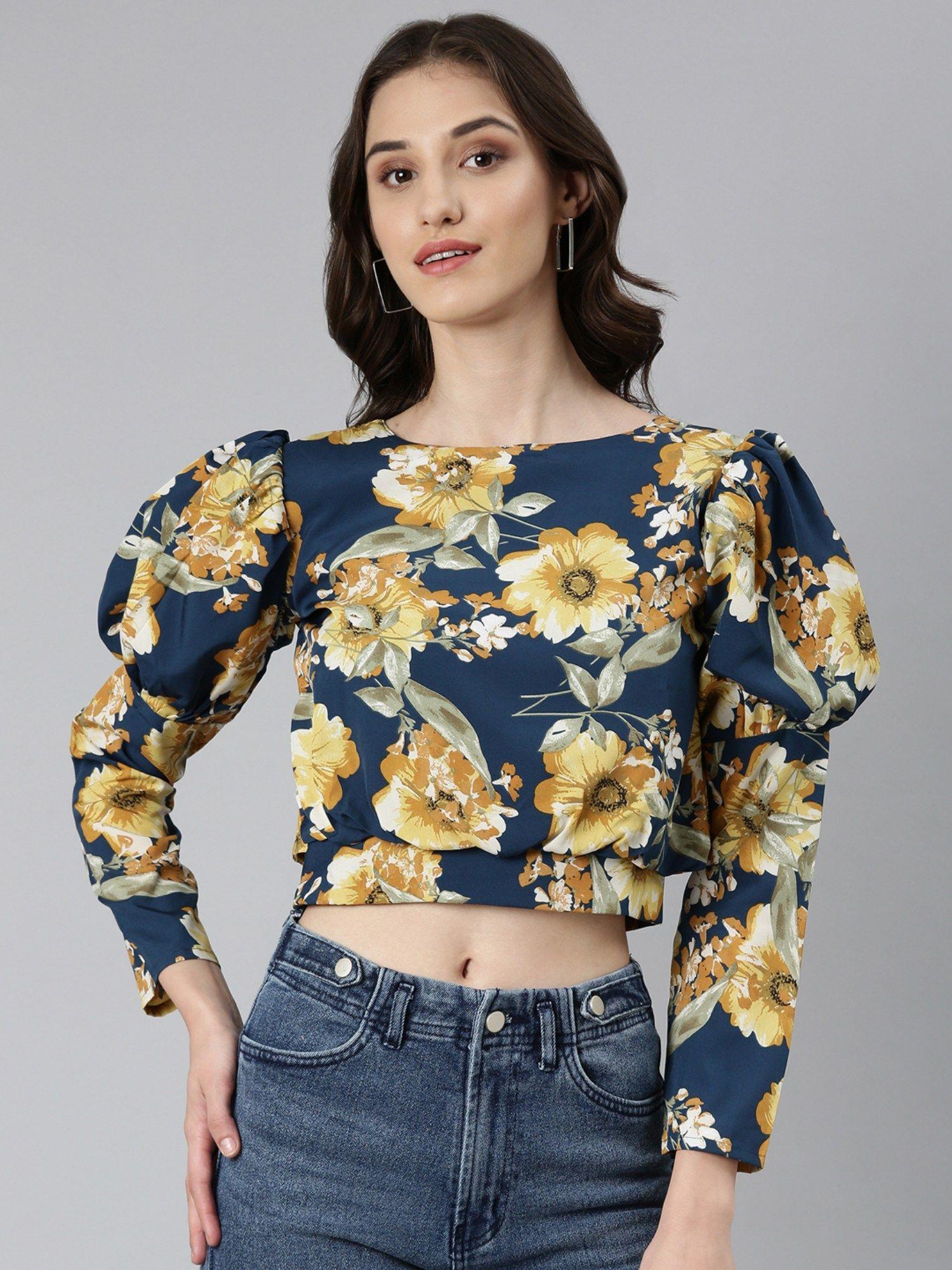 women floral puff sleeves teal blouson crop top