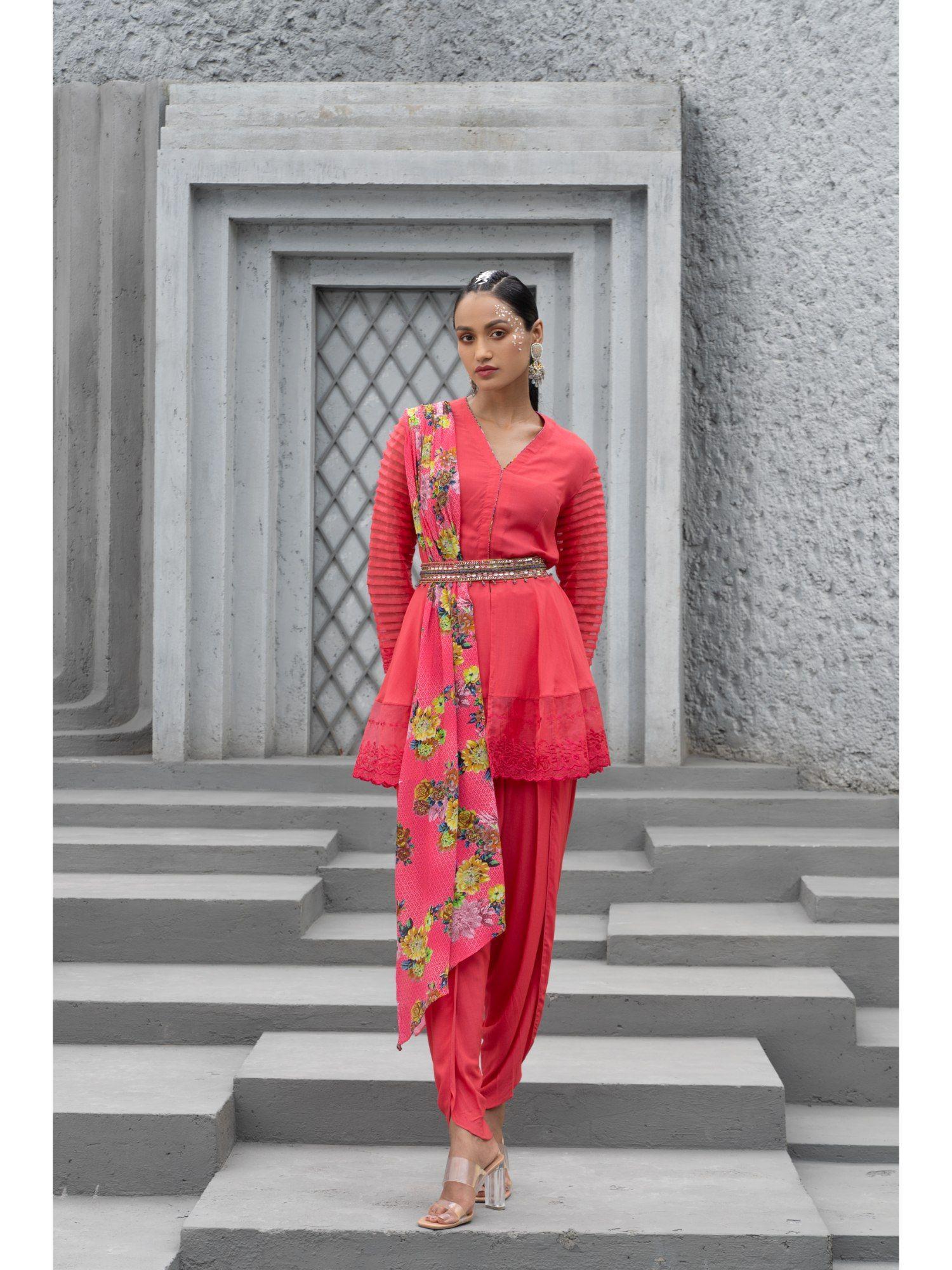 women floral red tunic with dhoti & belt & dupatta (set of 3)