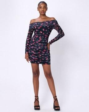 women floral ruched mini bodycon dress