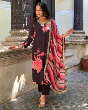 women floral straight kurta pants set with dupatta