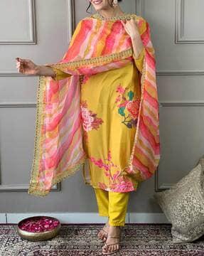 women floral straight kurta pants set with dupatta