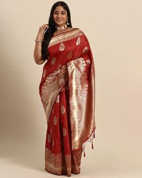 women floral woven art silk saree with tassels