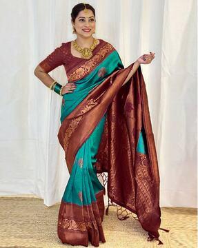 women floral woven art silk saree with tassels