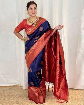 women floral woven art silk saree with tassels