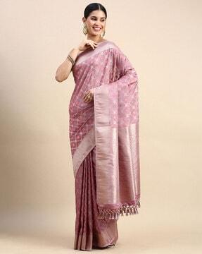 women floral woven art silk saree with tassels