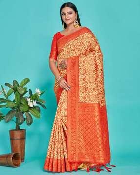 women floral woven banarasi saree with contrast border