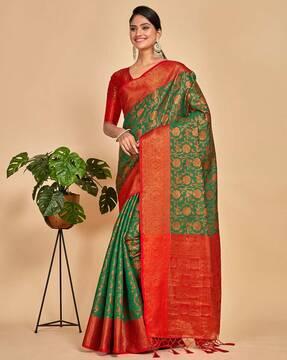 women floral woven banarasi saree with contrast border