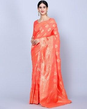 women floral woven banarasi saree with contrast border