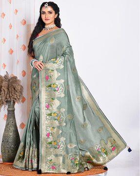 women floral woven banarasi saree with contrast border