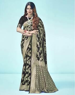 women floral woven banarasi saree with contrast border