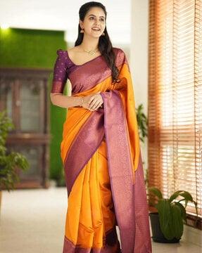 women floral woven banarasi saree with contrast border