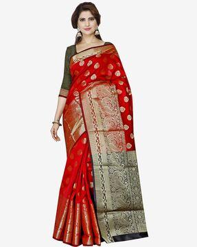 women floral woven banarasi saree with contrast border