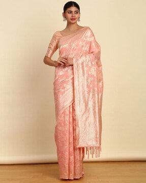 women floral woven banarasi saree with contrast border