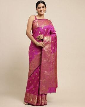 women floral woven banarasi saree with contrast border