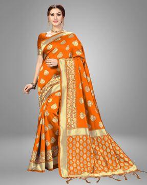 women floral woven banarasi silk saree with tassels