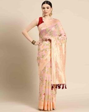 women floral woven cotton saree with tassels