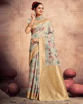 women floral woven cotton saree with tassels