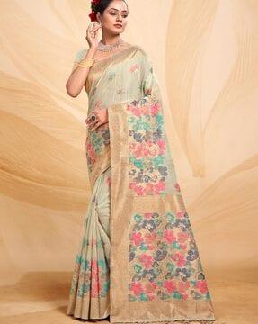 women floral woven cotton saree with tassels