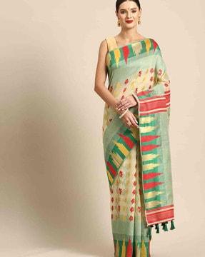 women floral woven cotton saree with tassels