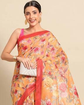 women floral woven cotton saree with tassels