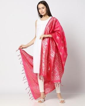 women floral woven dupatta with tassels