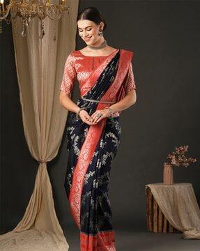 women floral woven kanjeevaram saree with contrast border