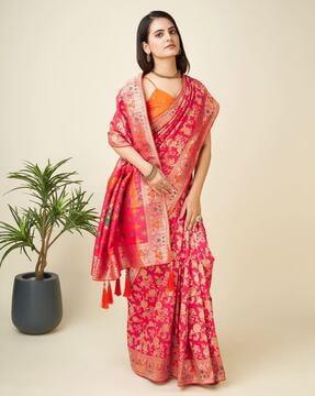 women floral woven kanjivaram silk half & half saree with tassels