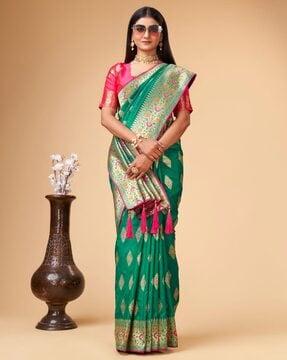 women floral woven kanjivaram silk half & half saree with tassels