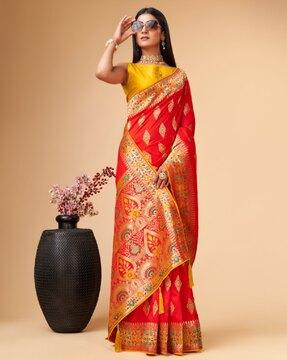 women floral woven kanjivaram silk half & half saree with tassels