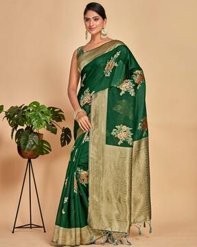 women floral woven linen saree