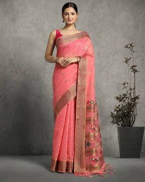 women floral woven linen saree