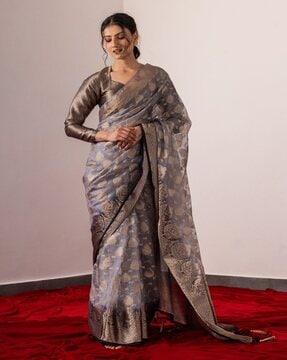 women floral woven organza saree with tassels
